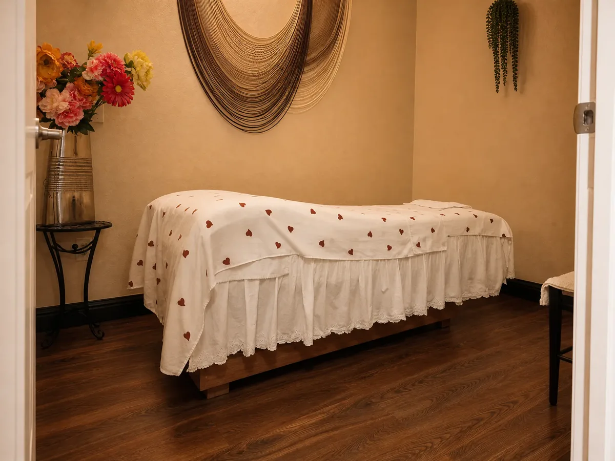 Private massage room with a draped wall hanging, fresh flowers and a made massage table