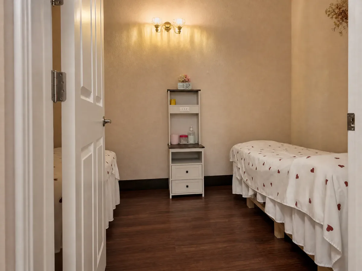 Private massage room with a wall sconce and a white shelf